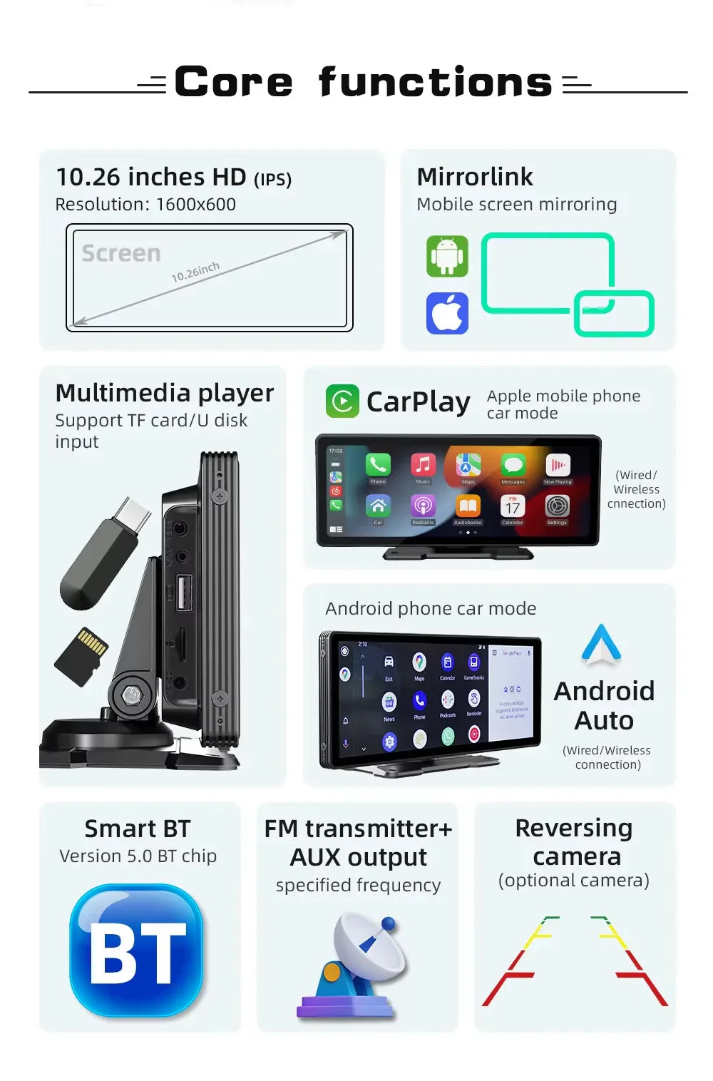 Side view of 10.26-inch car wireless CarPlay receiver, highlighting its slim design.