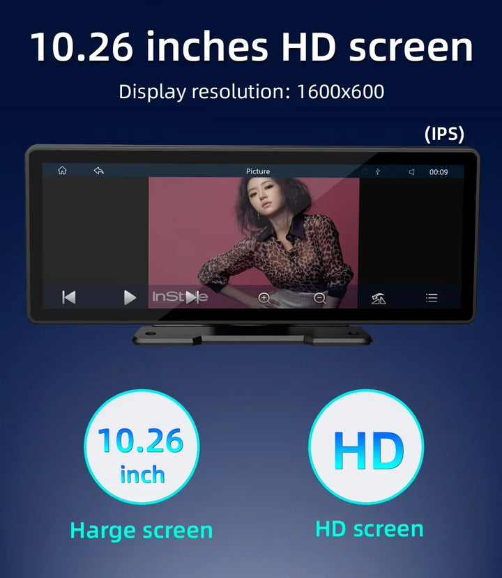 Close-up of the 10.26-inch HD touchscreen of a car multimedia player, detail of UI.