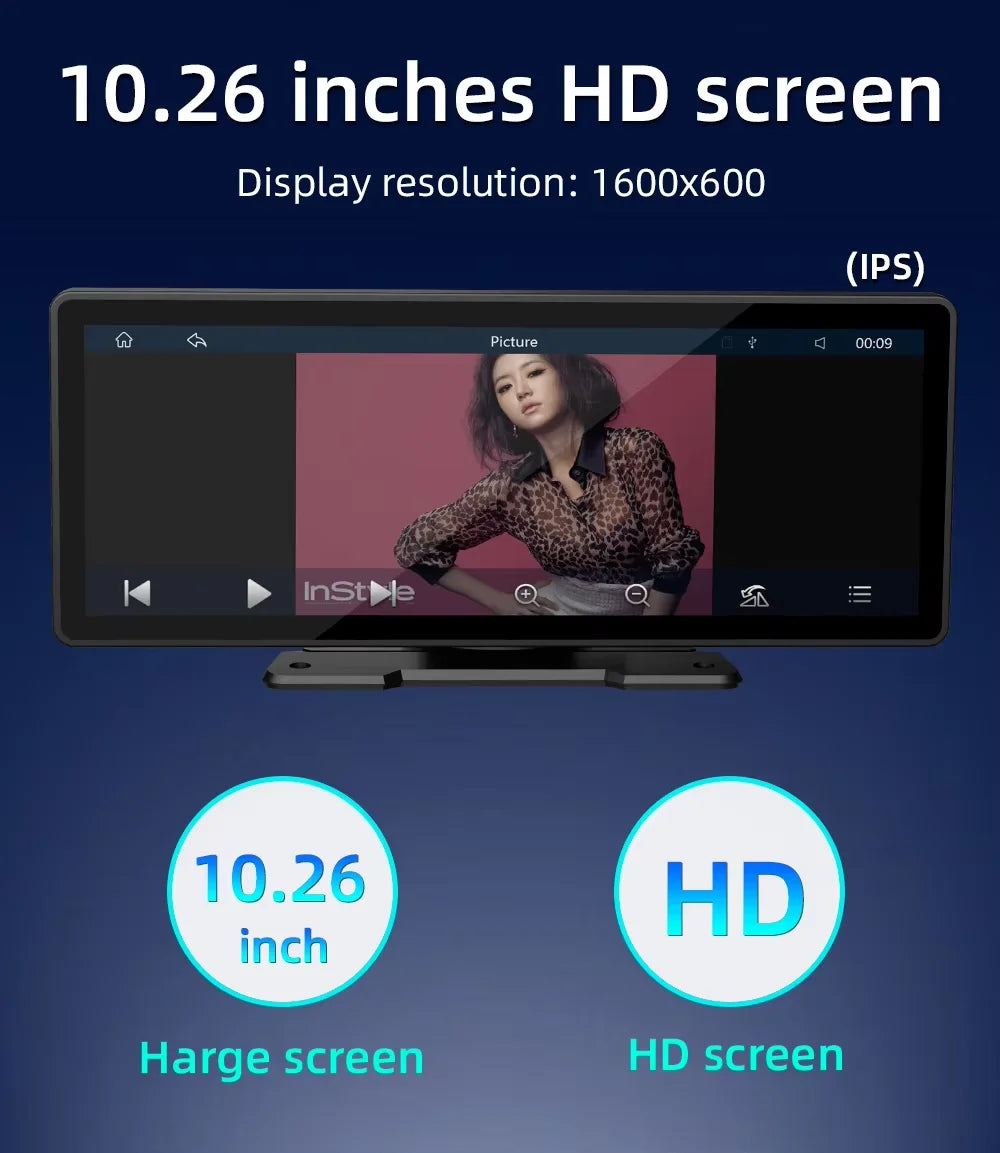 Wireless 10.26-inch car multimedia display with Bluetooth connectivity and navigation