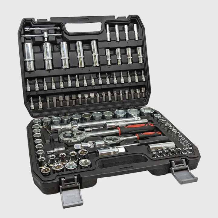 Comprehensive 108-piece DIY Hand Tool Kit with Chrome Vanadium sockets & ratchets for home improvement projects.