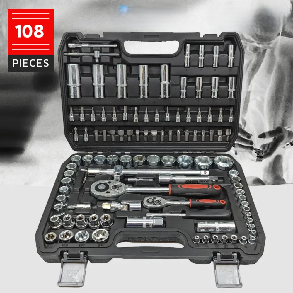 Professional 108-piece Chrome Vanadium Socket & Ratchet Set. Essential mechanic tools for all repairs.