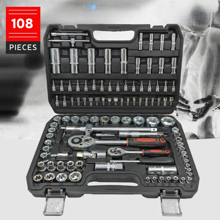 Professional 108-piece Chrome Vanadium Socket & Ratchet Set. Essential mechanic tools for all repairs.