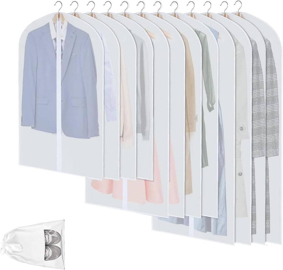 12-pack clear PEVA garment bags, dustproof clothes protectors for wardrobe organization