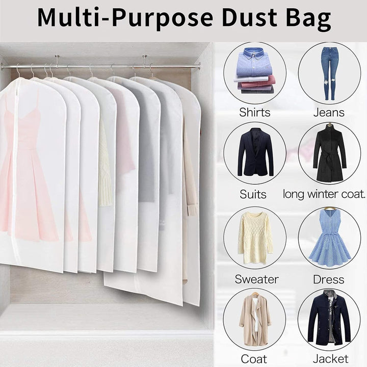 Clear PEVA garment bags protecting dresses, dustproof clothing covers for closet