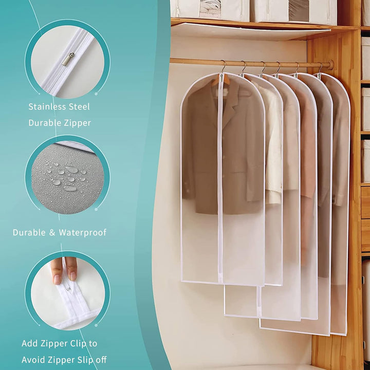Hand holding a clear PEVA garment bag demonstrating its lightweight dustproof design