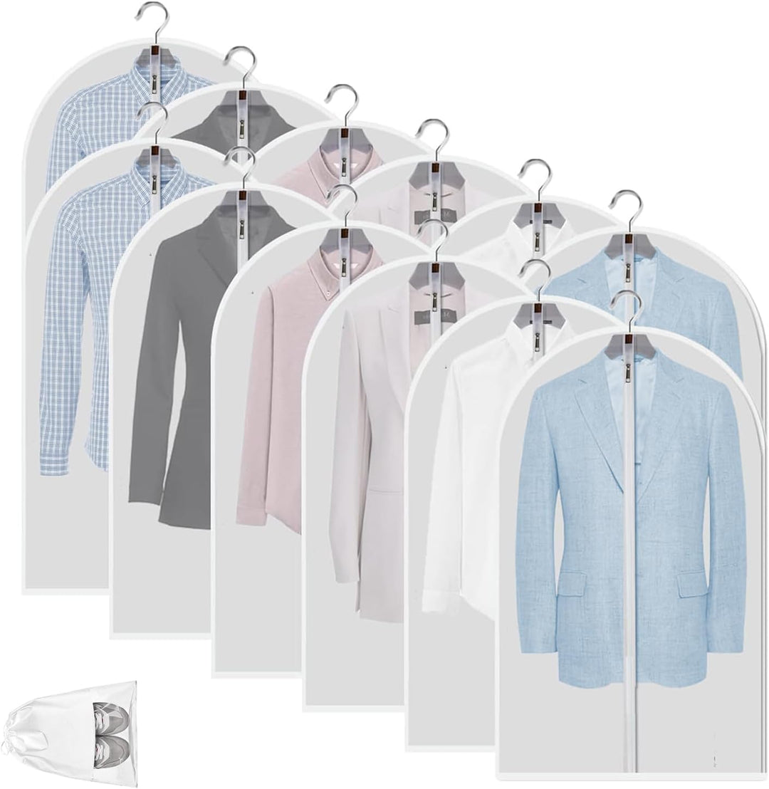 Closet filled with various garments in clear PEVA bags, effective dustproof protection