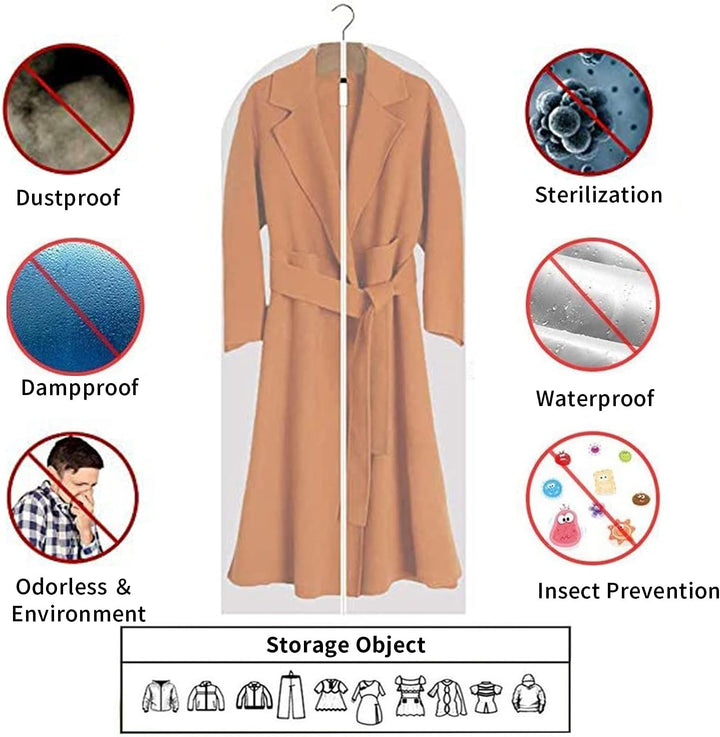 Clear PEVA garment bags with durable zippers, 12-pack for secure clothing protection