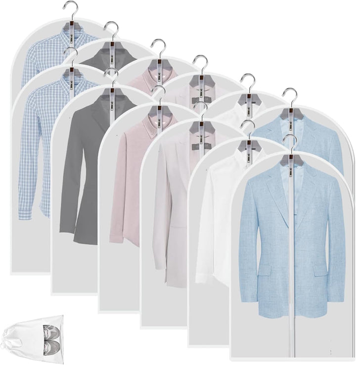 Closet organization with 12 clear PEVA dustproof garment bags, protecting your clothes from dust.