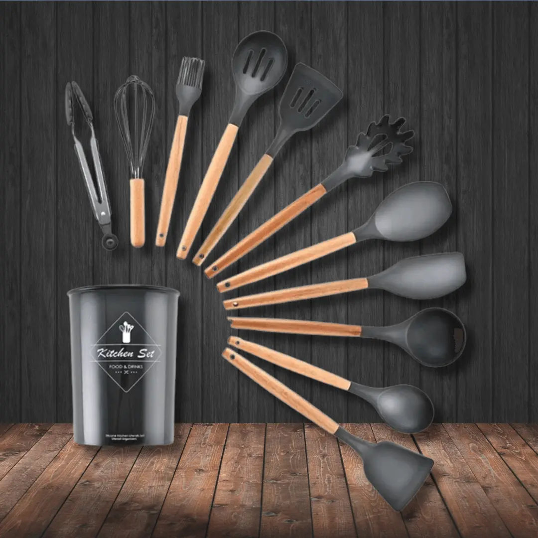 Ergonomic handle on a silicone ladle from the 12-piece kitchenware set, comfortable for daily cooking.