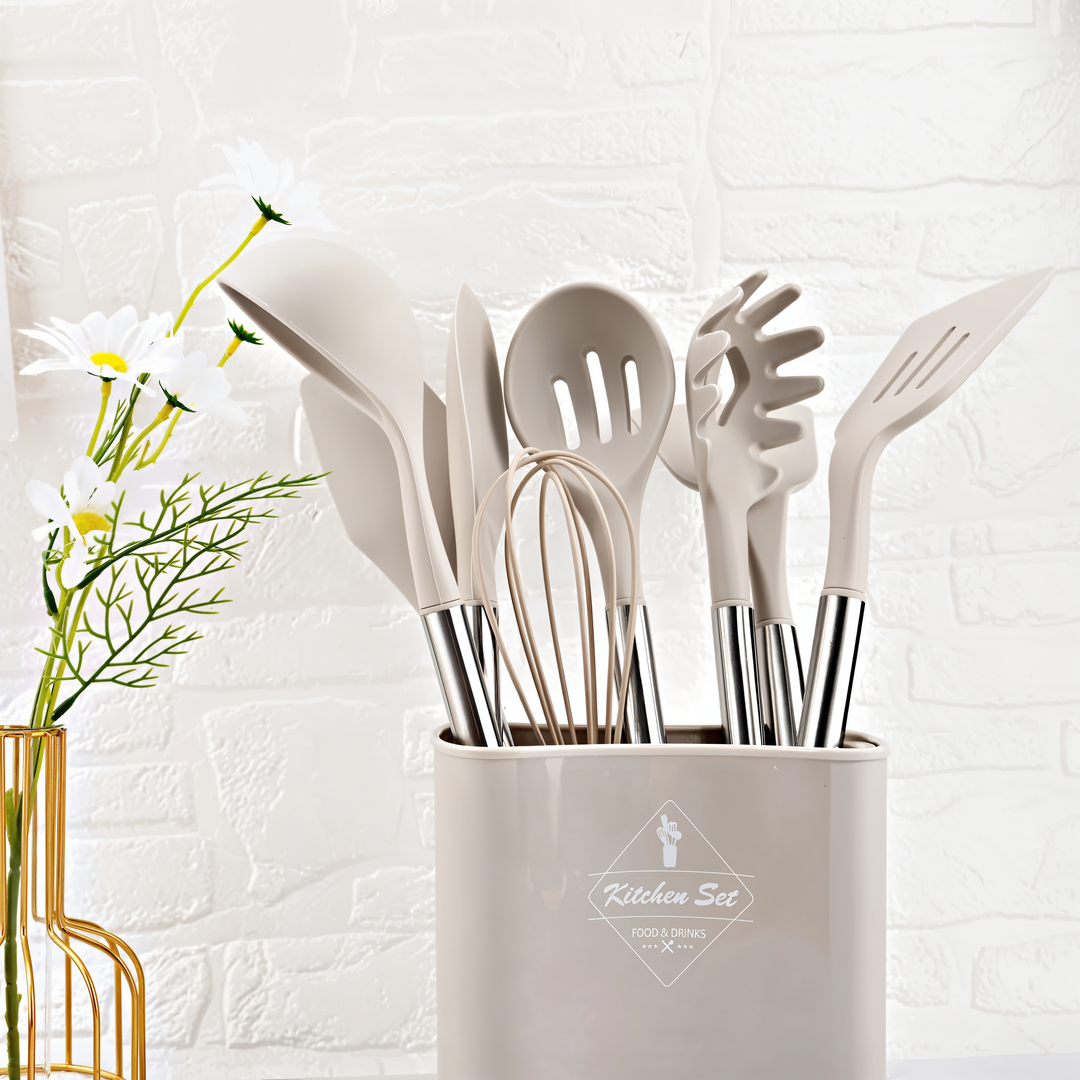Food-grade silicone cooking utensils with robust stainless steel handles, a must-have kitchen set.
