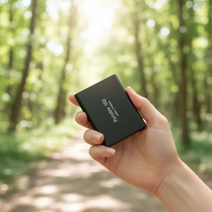 128TB external SSD, USB 3.1 & Type-C, sleek dark finish for fast data transfer
