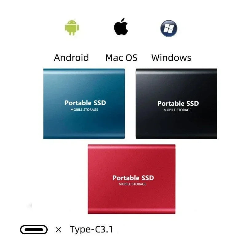 Side view of 128TB external SSD showing USB 3.1 and Type-C ports, portable tech accessory