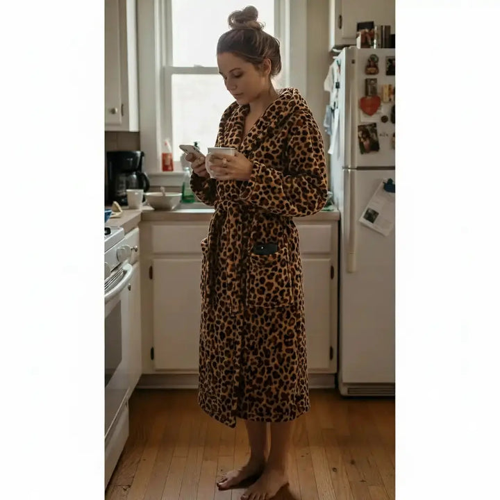 Leopard - Women's Fleece Hooded Bathrobe