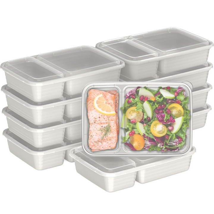 Clear 2-compartment meal prep containers, 20-pack, keeping food fresh & organized.