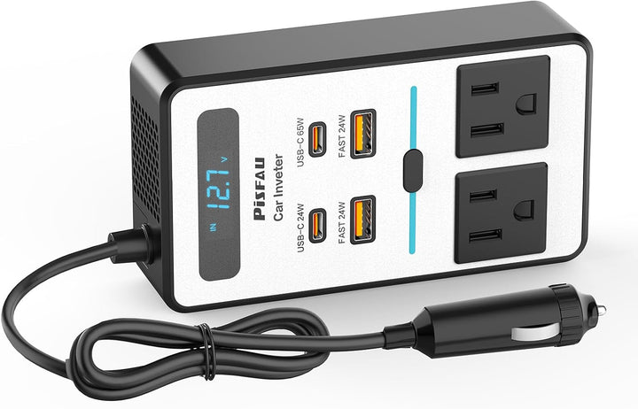 Product in hand: 200W auto omvormer with USB-C fast charger, highlighting its portable and functional design.