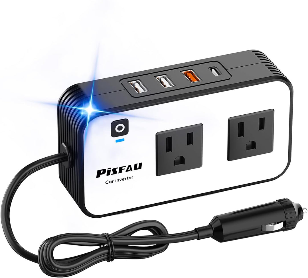 200W car power inverter with USB-C and fast charger, converting 12V DC to 220V AC for travel