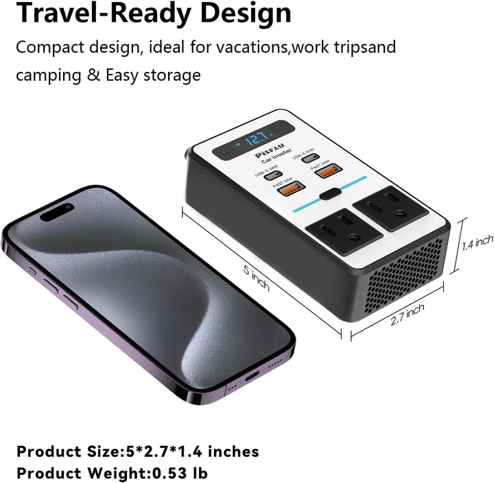 Compact 200W car inverter for laptops and devices, offering DC 12V to 220V AC conversion