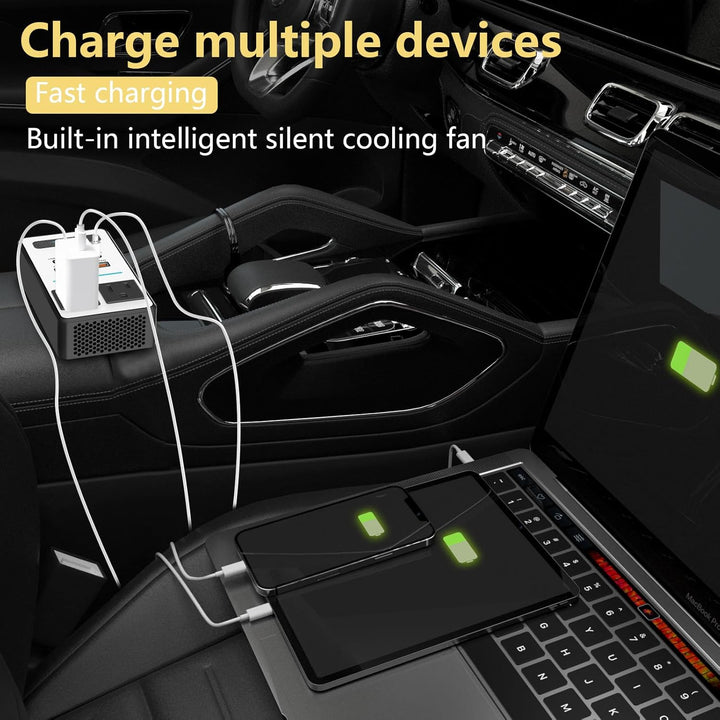 Universal 200W auto power supply with USB-C and fast charging ports, suitable for all vehicles