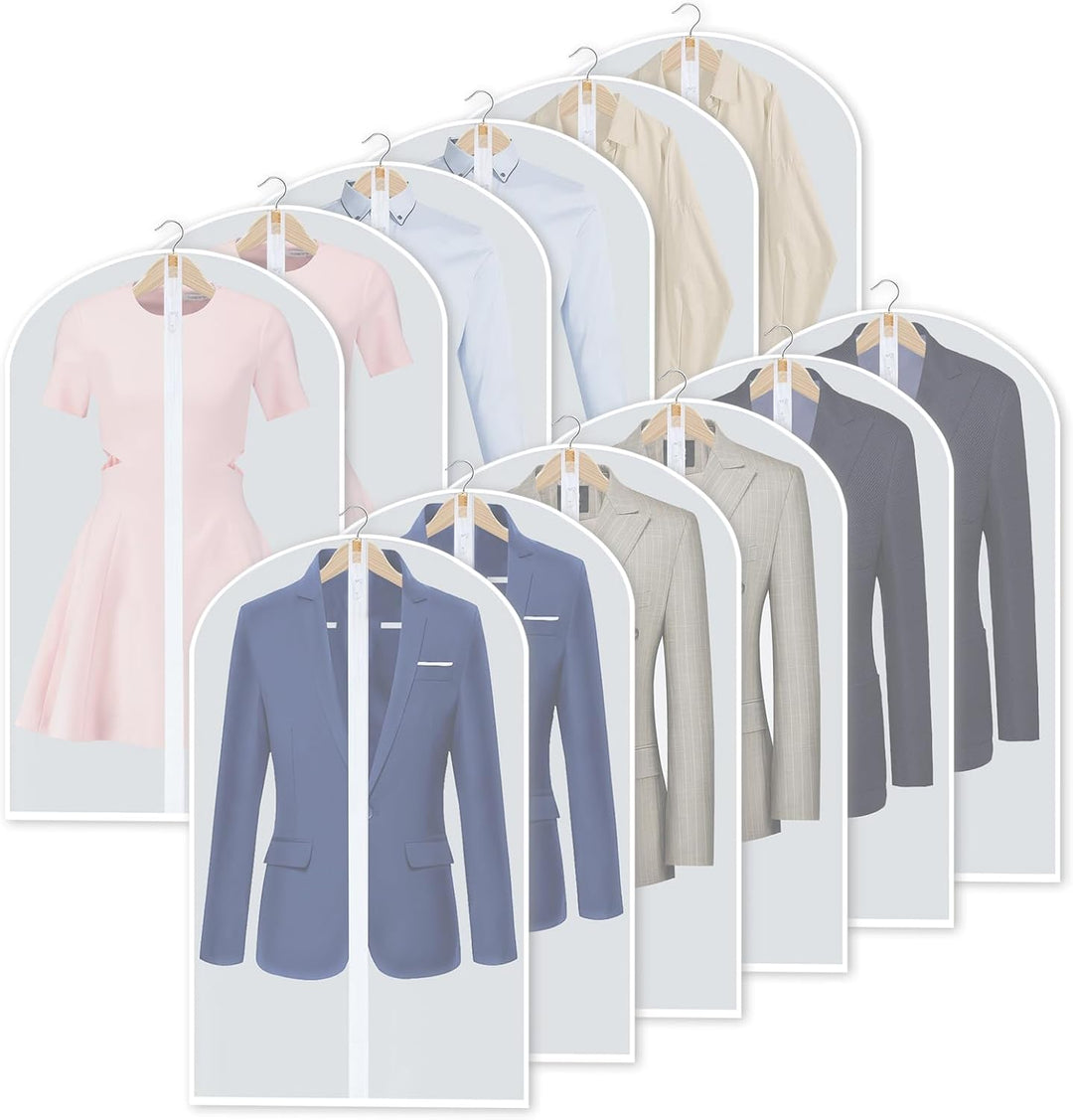 Transparent 24-count PEVA garment bags, perfect for quick clothing identification