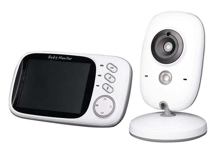 Overhead shot of 3.5-inch video baby monitor, emphasizing compact design and features.
