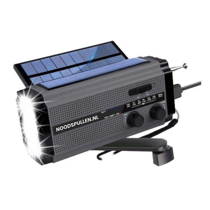 3-in-1 emergency radio with solar, dynamo, power bank, flashlight & AM/FM for survival gear & camping.