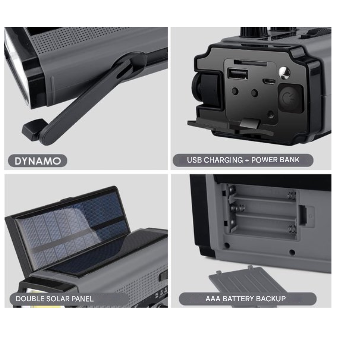 Compact solar & dynamo emergency radio with power bank, LED flashlight, AM/FM, and SOS alarm.
