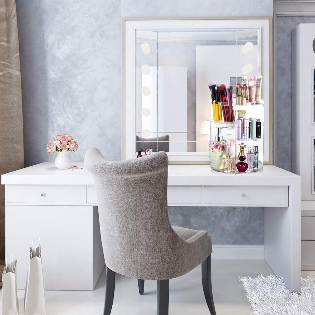Clear 360° cosmetic storage organizer, perfect for vanity and bathroom organization