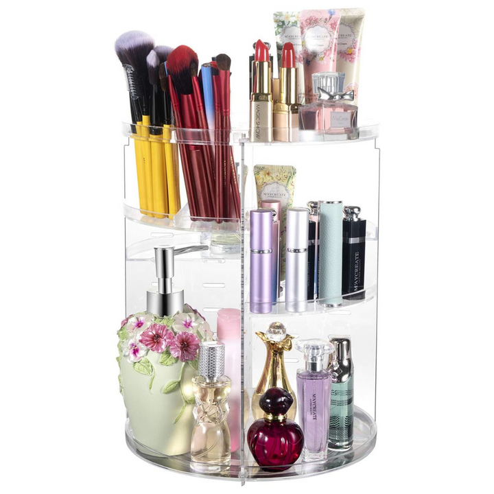 360° rotating makeup organizer, clear plastic for cosmetic storage on a vanity