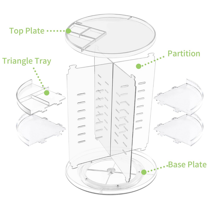 Compact 360-degree rotating organizer, clear plastic for decluttering cosmetics