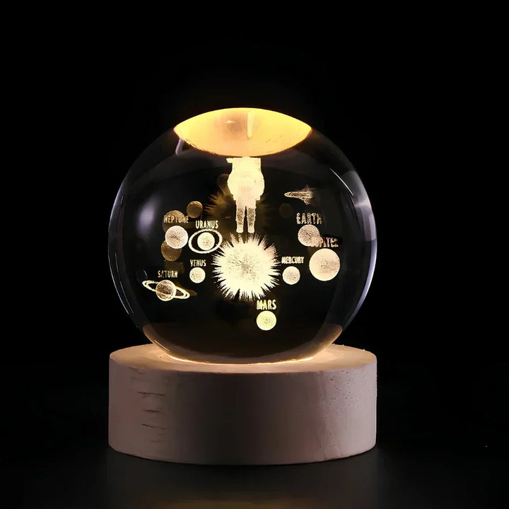 Stylish home lighting: 3D engraved crystal sphere night light with Celestia design on a bedside table