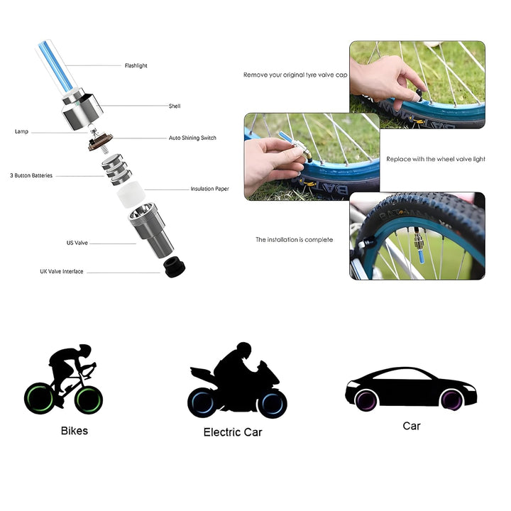 GlowRims 4-pack LED tire valve caps for cars & bikes. Stylish wheel lights for night safety & auto upgrade.