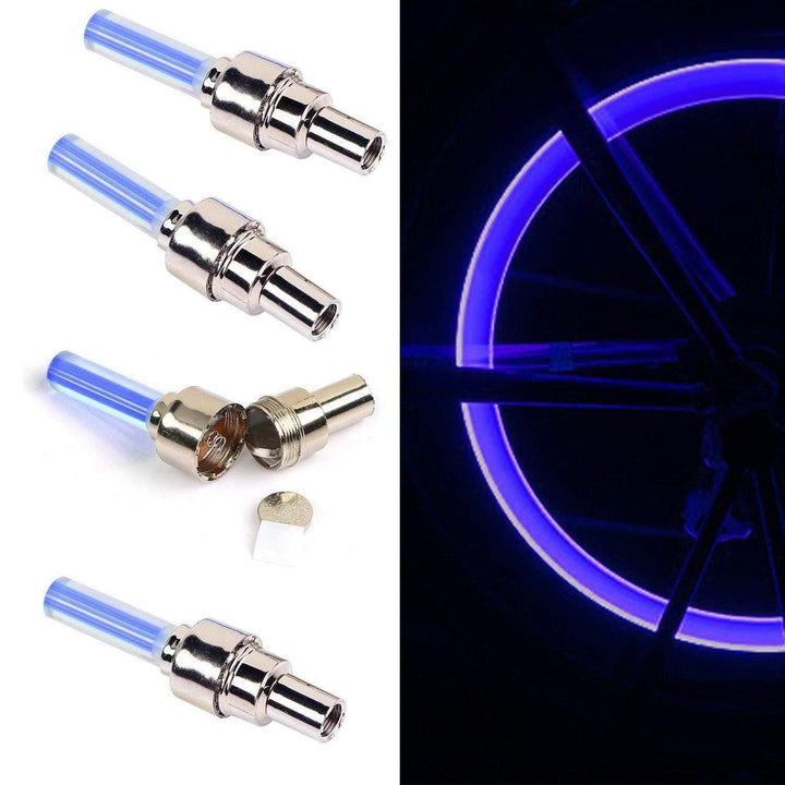 Car & bike accessory: 4-pack LED tire valve caps providing bright wheel glow. Perfect for night riding safety.