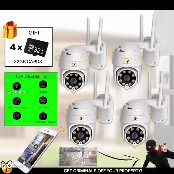 Four compact wireless CCTV security cameras with smart WiFi and motion detection for property monitoring.