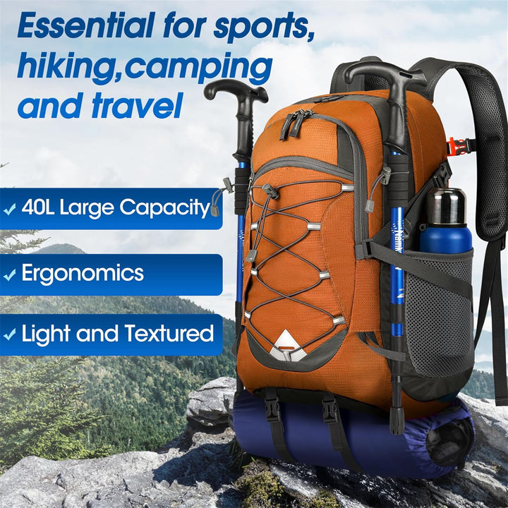 40L waterproof backpack in an open field, ready for outdoor adventures and trekking