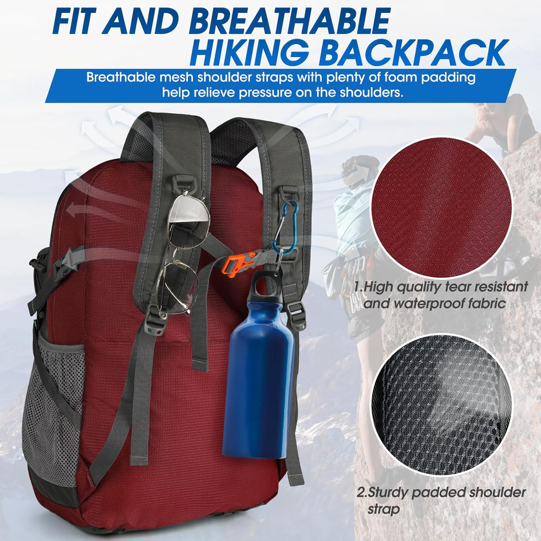 Angled view of 40L lightweight camping backpack, emphasizing its sleek and packable form