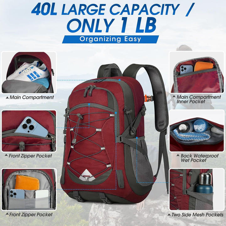 Close-up of backpack logo on a 40L waterproof hiking pack, branding for outdoor gear