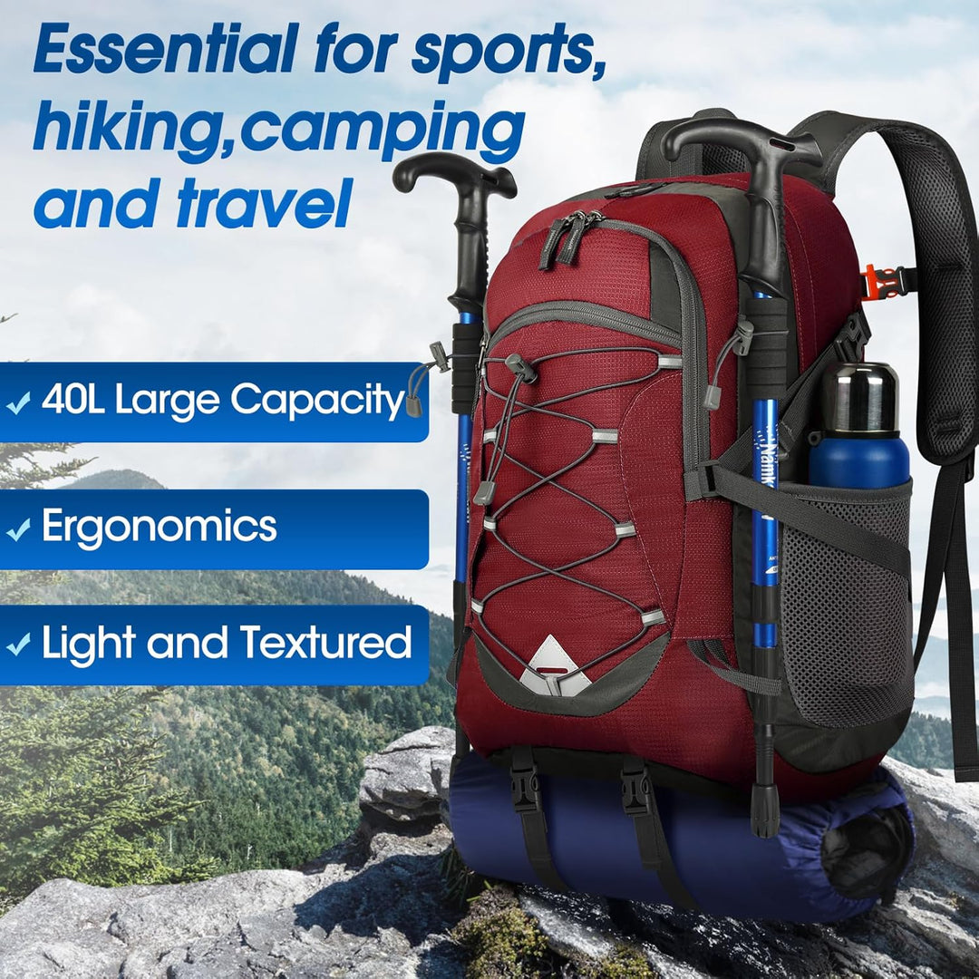 Person packing a jacket into a 40L lightweight hiking backpack, showing its capacity and utility