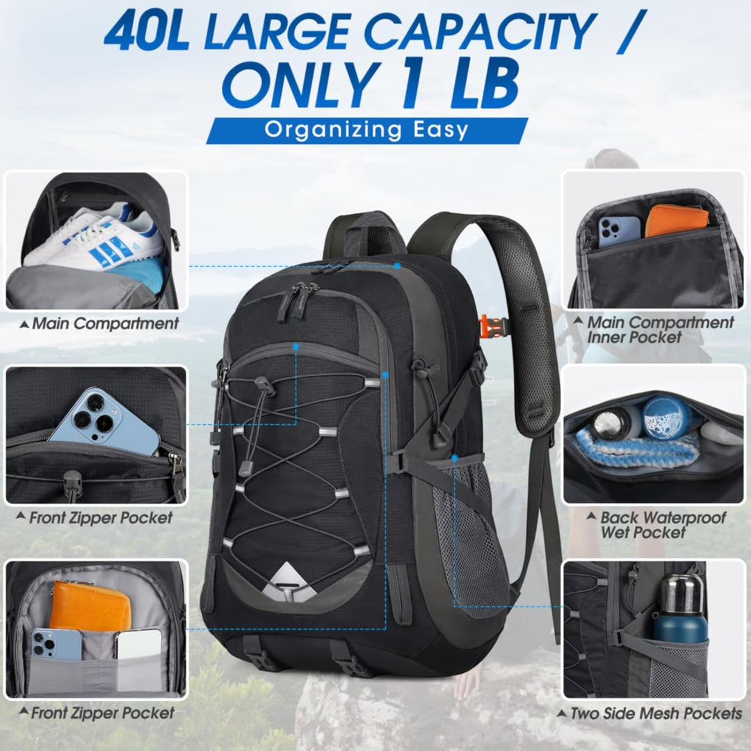 Close-up of 40L waterproof hiking backpack fabric, showcasing durable and lightweight material
