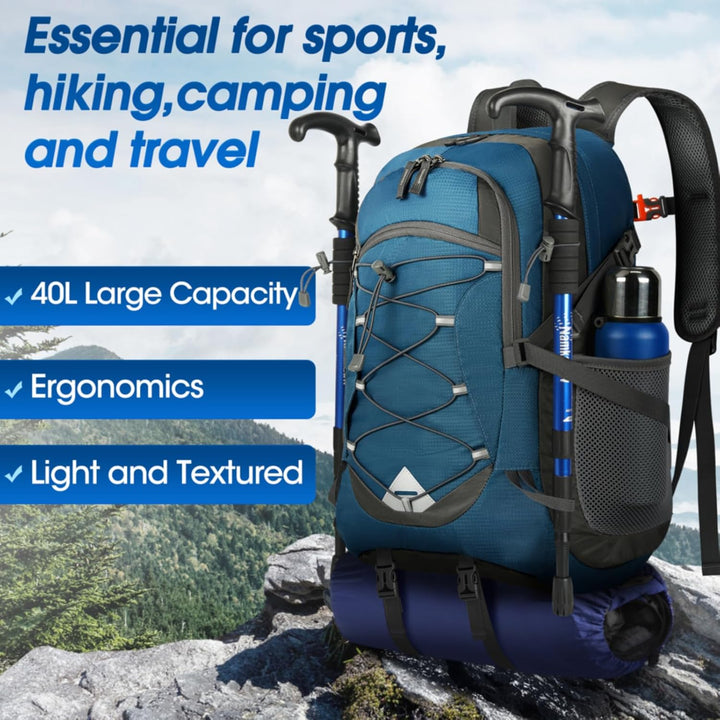 40L waterproof camping backpack with a water bottle in side pocket, practical and convenient