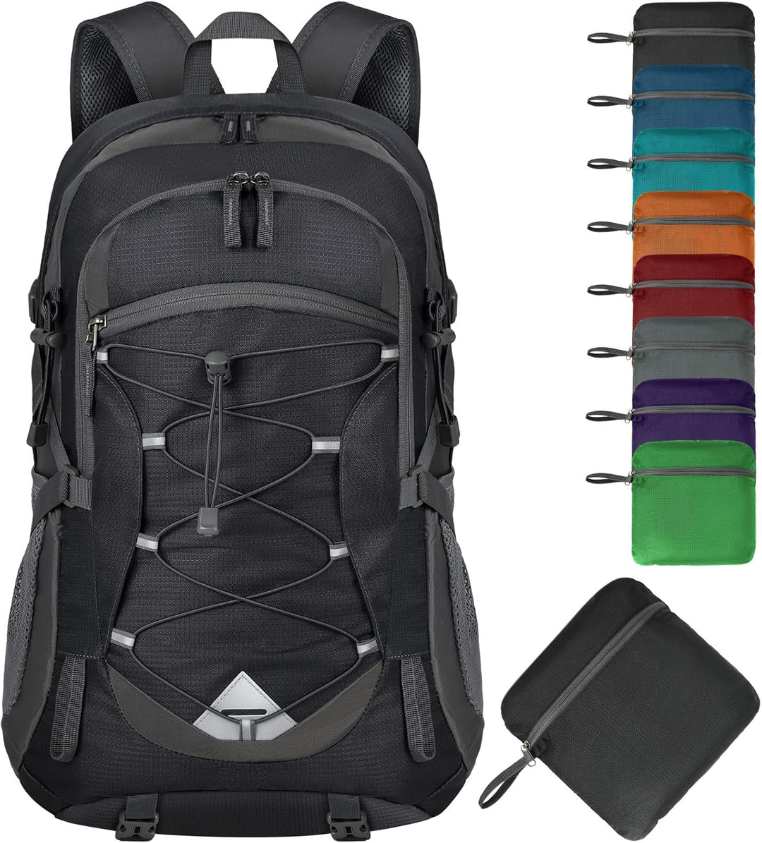 40L lightweight packable backpack on a beach, ready for coastal travel and outdoor activities