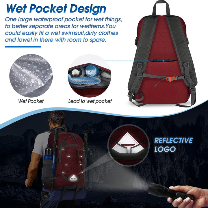 Front view of a 40L lightweight waterproof backpack, ideal for camping and trekking adventures