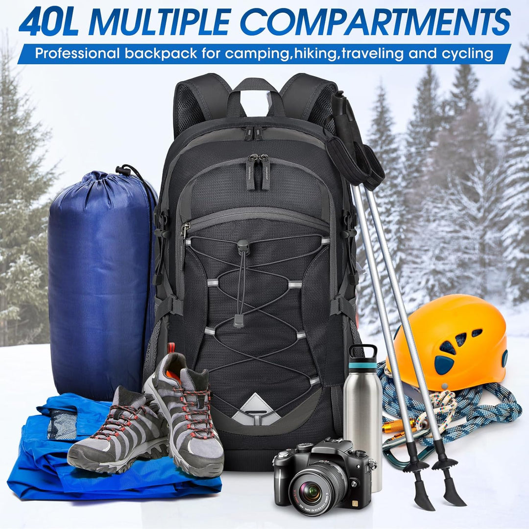 Person wearing a 40L waterproof hiking backpack on a mountain trail, enjoying the outdoors