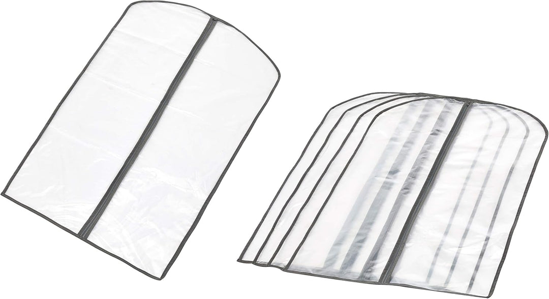 5-pack of clear PEVA garment storage bags with zippers for dust protection & closet organization.