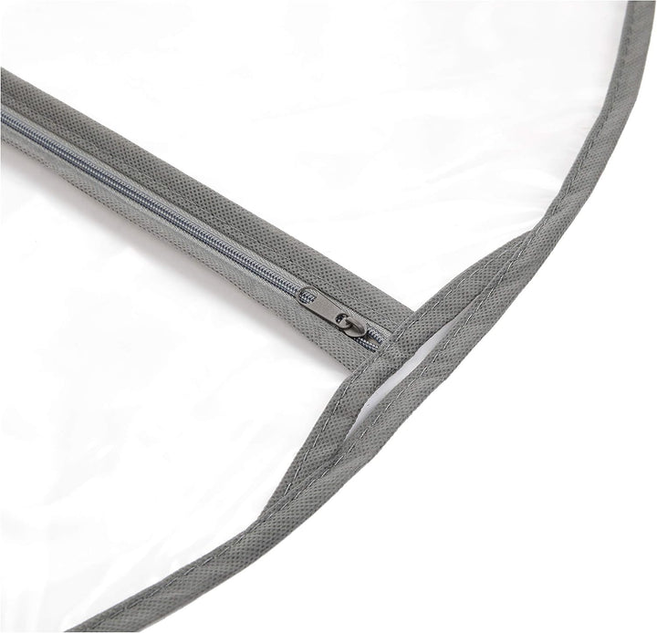 Clear PEVA suit covers, 5-pack with zippers, offering durable dust protection for clothing & organization.