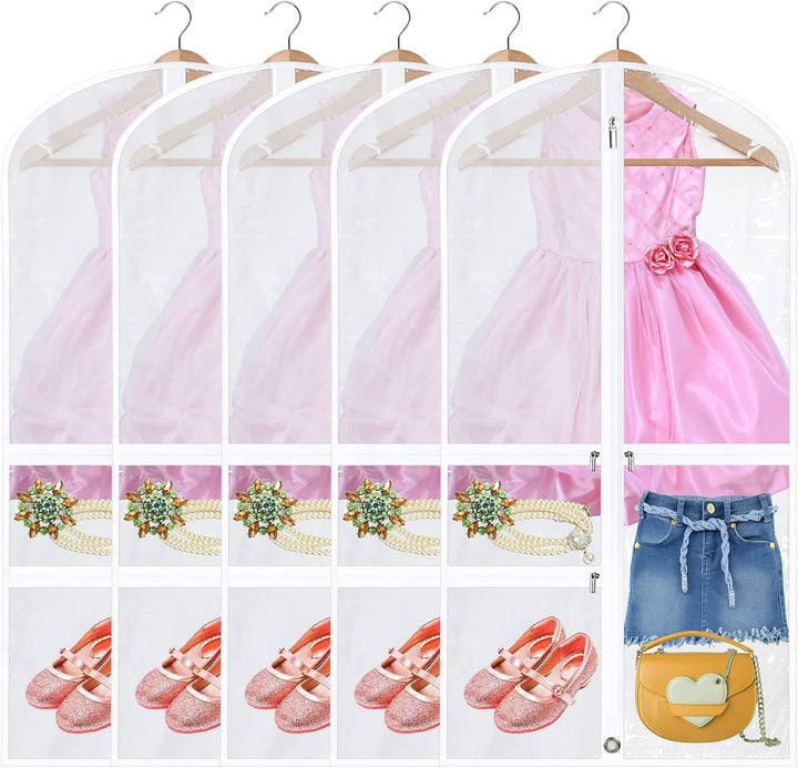 5-pack of foldable dance garment bags with zipped accessory pockets for costume storage