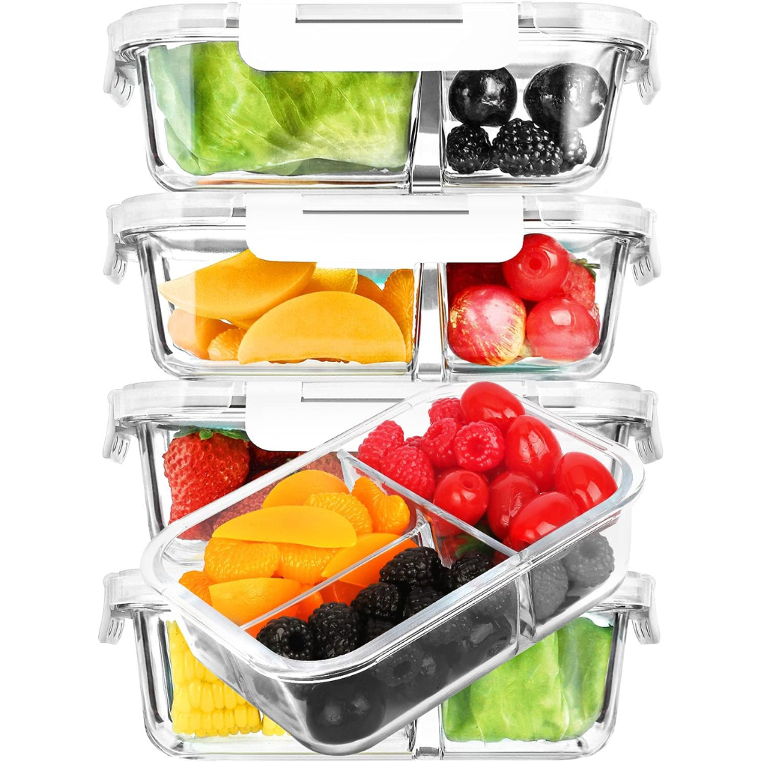 Reusable glass meal prep containers (5-pack) with airtight lids, excellent for eco-friendly food storage.