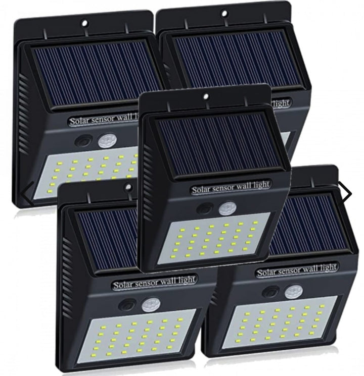 5-pack solar LED outdoor wall lights for garden, patio & driveway. Wireless, weatherproof security lighting.