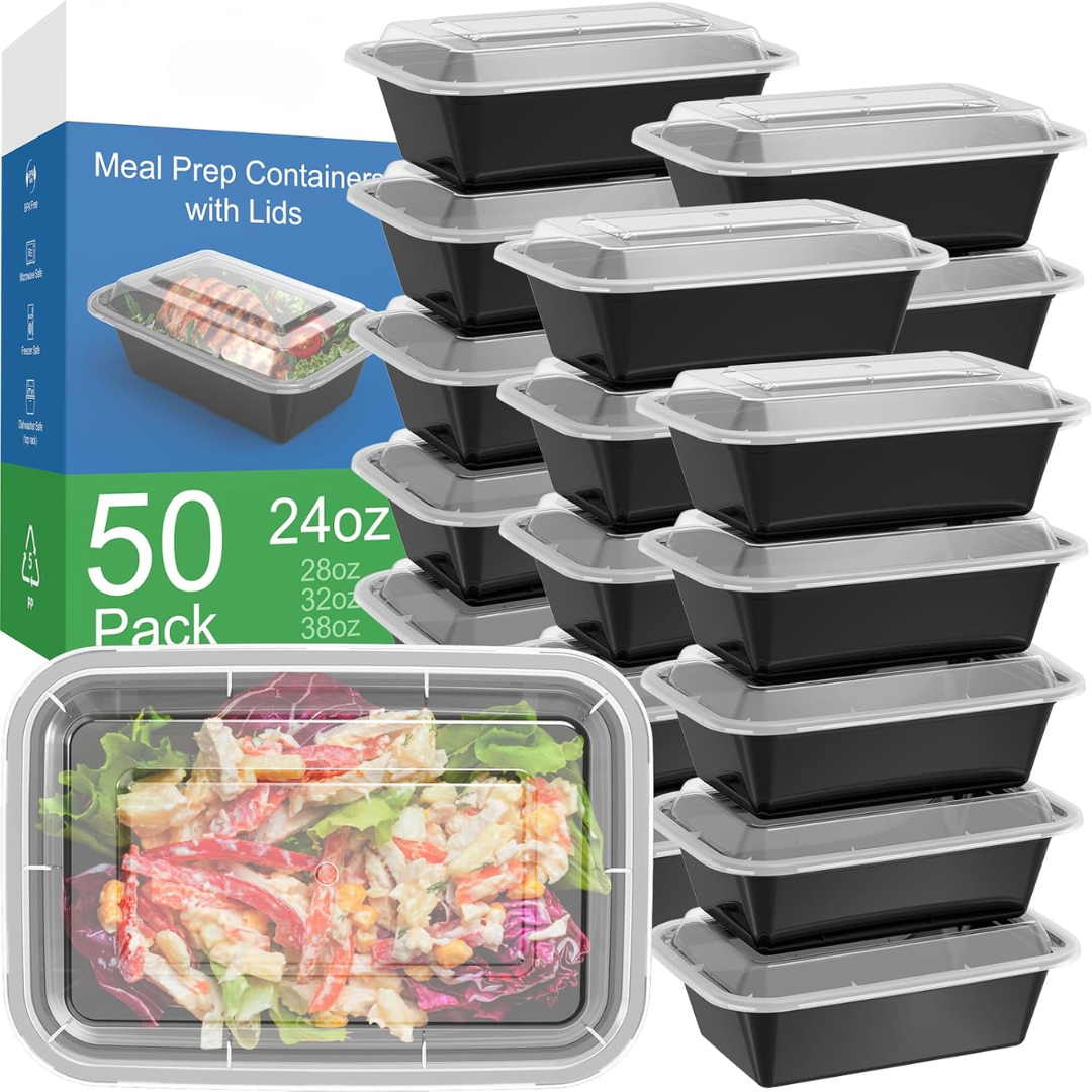 Durable 50-pack reusable meal prep containers, perfect for portion control, fresh food & healthy eating.