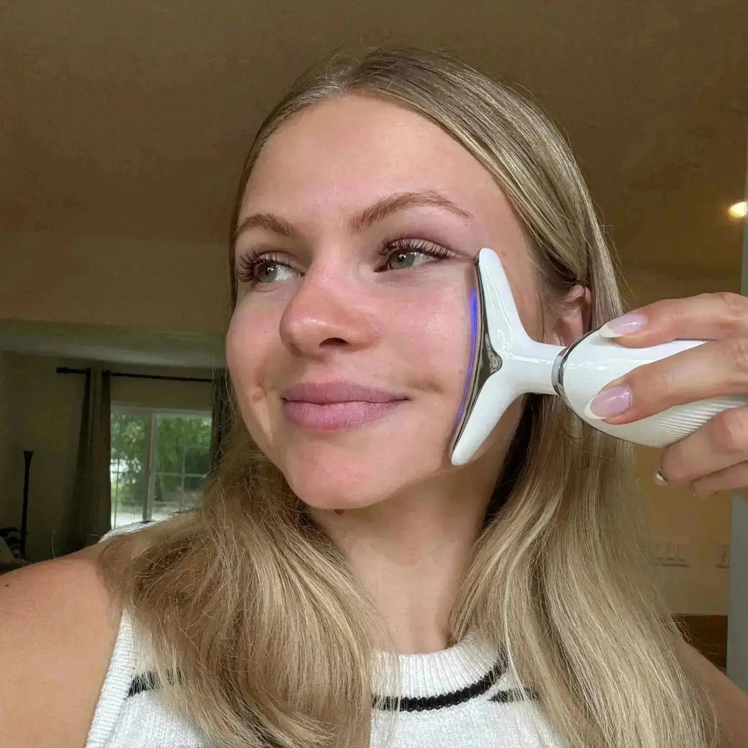 Home spa beauty device with LED light therapy for anti-aging, skin firming, & massage.