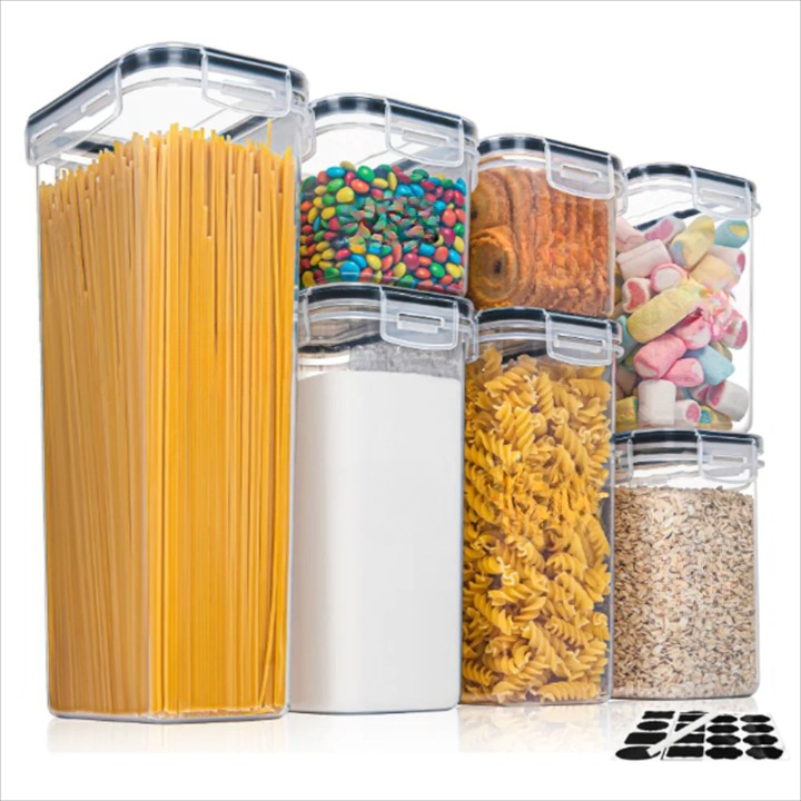 7-piece BPA-free airtight food storage containers for pantry organization with labels, clear view.